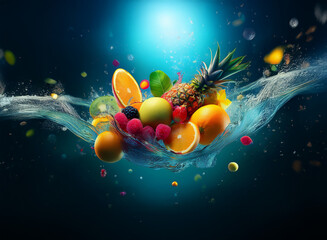 Poster - Vibrant tropical fruits, including pineapple, oranges, and berries, splash into clear water, creating a dynamic, refreshing scene.  The background is a deep blue.