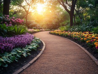 Poster - A beautiful garden walkway curves gently among colorful flowering plants, with sunlight streaming through trees, creating a serene and inviting atmosphere