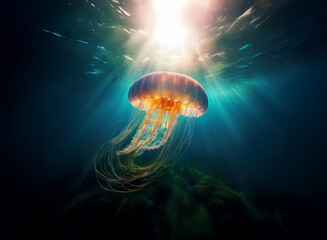 Aufkleber - A majestic jellyfish floats in a sunlit ocean, its tentacles trailing below.  The dark water contrasts with the creature's bioluminescent glow.