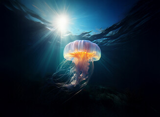 Aufkleber - A majestic jellyfish, translucent and glowing, floats in the deep ocean. Sunlight streams from above, illuminating its vibrant orange bell and delicate tentacles.  The dark water contrasts beautifully