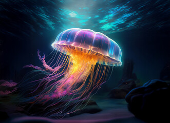 Aufkleber - A bioluminescent jellyfish, vibrant orange and purple, gracefully floats in the deep ocean.  Sunbeams illuminate the scene, highlighting its translucent bell and trailing tentacles.  The seabed is dar