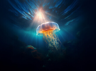 Aufkleber - A luminous jellyfish floats serenely in deep ocean water, backlit by a radiant sunbeam.  The scene evokes tranquility and the mystery of the deep sea.