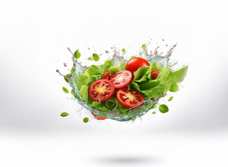 Poster - Fresh lettuce and sliced tomatoes suspended in a splash of water, creating a vibrant, healthy image.  A few basil leaves add a touch of green.