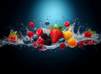 Aufkleber - Vibrant berries and fruit burst from water, creating a refreshing splash of color against a dark blue background.  A delightful summer scene.