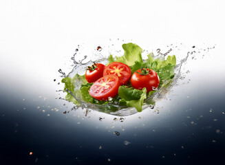 Poster - Fresh red tomatoes and green lettuce leaves suspended in a water splash against a dark background.  A vibrant, healthy image suggesting freshness and vitality.