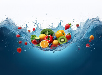 Aufkleber - Vibrant fruits and vegetables splash into clear water, creating a refreshing and healthy scene.  The image evokes feelings of cleanliness and vitality.