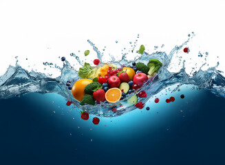 Poster - Vibrant fruits and vegetables splash into clear blue water, creating a dynamic, refreshing image.  A healthy and delicious scene.