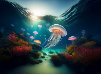 Aufkleber - Sunlit underwater scene showcasing a group of bioluminescent jellyfish gracefully swimming above a vibrant coral reef.  The water is clear, revealing a sandy bottom and diverse marine life.