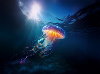 Aufkleber - A bioluminescent jellyfish gracefully floats in the deep ocean, bathed in sunlight filtering from above.  Its vibrant colors and ethereal form create a mesmerizing underwater scene.
