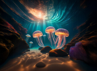 Aufkleber - Sunbeams illuminate a serene underwater scene.  Several bioluminescent jellyfish gracefully float near rocky formations and a sandy seabed, creating a magical, ethereal ambiance.