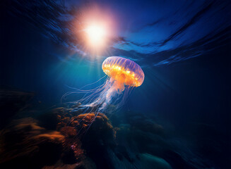 Aufkleber - A luminous jellyfish floats gracefully in the ocean depths, backlit by a radiant sun.  Its translucent bell and trailing tentacles create a mesmerizing underwater scene.