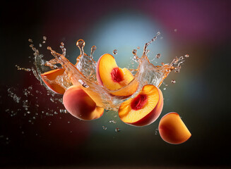 Aufkleber - A vibrant image showcases juicy peach slices suspended in a dynamic water splash against a dark, moody backdrop. The lighting accentuates the fruit's freshness and the water's movement.