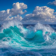 Wall Mural - Turquoise Ocean Waves Crashing Under a Cloudy Sky