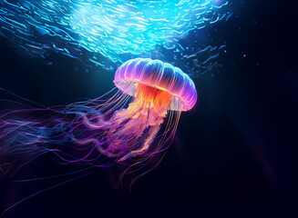 Aufkleber - A bioluminescent jellyfish gracefully drifts in the deep ocean, its vibrant tentacles trailing behind.  The water shimmers with an ethereal glow.