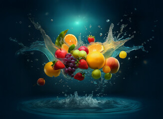 Aufkleber - A vibrant splash of water suspends an assortment of fresh fruits, creating a dynamic and juicy composition.  The colors are bright and the scene is full of energy.