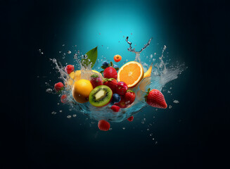 Poster - Vibrant mix of fresh fruits splashing into water, creating a dynamic and colorful scene against a dark blue background.  The image evokes feelings of refreshment and health.