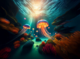 Aufkleber - Sunbeams illuminate a vibrant underwater scene.  Luminous jellyfish drift amongst colorful coral and rocks, creating a magical, ethereal atmosphere.
