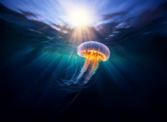 Aufkleber - A luminous jellyfish floats gracefully in the deep ocean, backlit by a radiant sun.  Sunbeams stream through the water, illuminating the creature's translucent bell and trailing tentacles.