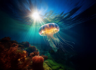 Aufkleber - A luminous jellyfish floats gracefully in sunlit ocean depths, above a vibrant coral reef.  Its translucent bell glows, illuminated by beams of light penetrating the water's surface.
