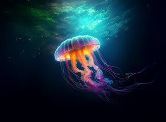 Aufkleber - A bioluminescent jellyfish gracefully floats in the deep ocean, its vibrant bell and trailing tentacles illuminated against the dark water.  Subtle light filters from above, creating an ethereal under