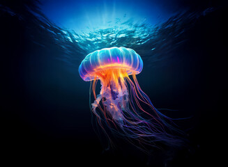 Aufkleber - A bioluminescent jellyfish, vibrant with orange and blue hues, gracefully floats in the deep ocean. Sunlight filters from above, illuminating its translucent bell and long, flowing tentacles.