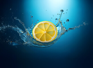 Poster - A vibrant lemon slice creates a dramatic splash in clear blue water.  The image showcases the juicy citrus fruit against a deep blue backdrop, highlighting its freshness and zest.