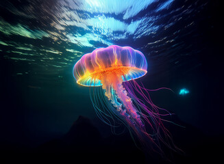 Aufkleber - A vibrant jellyfish, bioluminescent and iridescent, floats gracefully in a deep ocean scene.  The colors are surreal and otherworldly, creating an ethereal underwater spectacle.
