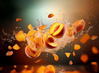 Aufkleber - A vibrant splash of water encapsulates juicy peach slices and peels in mid-air against a dark, moody background.  The scene is dynamic and full of movement.