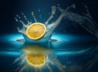 Poster - A lemon slice creates a vibrant splash in pristine blue water, its reflection mirrored below.  The scene is dynamic and refreshing, capturing the moment of impact with exquisite detail.