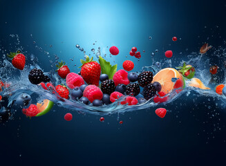 Aufkleber - A vibrant splash of water reveals a medley of fresh berries and citrus fruit, suspended mid-air in a dynamic composition.  The colors are rich and juicy, creating a sense of freshness and energy.