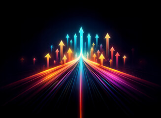 Poster - Glowing arrows converge on a vibrant, luminous path symbolizing growth, progress, and upward mobility.  The dynamic energy suggests future success and opportunity.