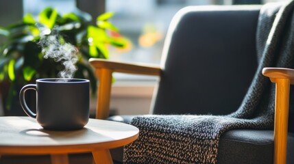 Poster - Cozy reading nook features a single armchair, a soft blanket, and a steaming mug on a coffee table, enhanced by sunlight and shadows from potted plants