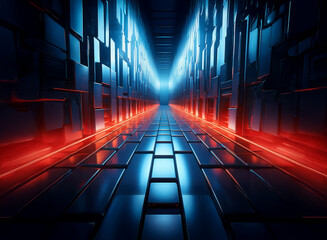 Aufkleber - A futuristic, glowing corridor.  Red and blue neon lights illuminate a reflective, metallic floor and walls, creating a symmetrical, endless perspective.