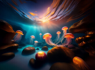 Aufkleber - Underwater sunset scene with bioluminescent jellyfish gracefully swimming near smooth rocks.  The vibrant colors and underwater lighting create a magical, ethereal atmosphere.