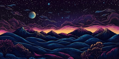 Poster - starry night sky landscape style of colored line art