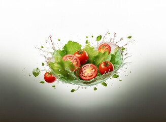 Poster - Vibrant red tomatoes and crisp lettuce leaves suspended in a refreshing liquid splash, creating a dynamic and appetizing image.