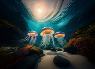 Aufkleber - Sunlit underwater scene showcasing three bioluminescent jellyfish gracefully floating above a sandy seabed amongst rocks and vibrant coral.