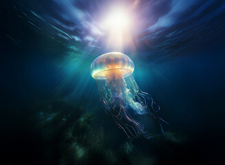 Aufkleber - A luminous jellyfish floats gracefully in the deep ocean, bathed in sunlight filtering from above.  Its translucent bell and long, flowing tentacles create an ethereal underwater scene.