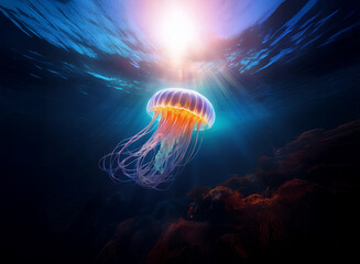 Aufkleber - A luminous jellyfish floats in a sunlit ocean, its translucent bell and trailing tentacles glowing.  Dark, mysterious seabed below.