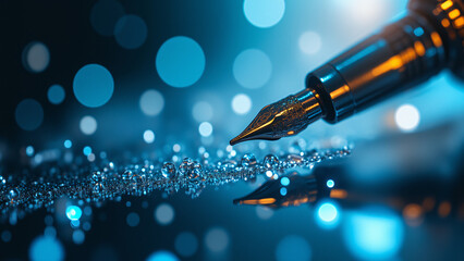 Poster - A close-up shot of a luxurious fountain pen with a shiny nib resting on a reflective surface, surrounded by blue bokeh lights, perfect for branding and writing products.