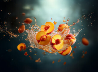 Poster - Juicy peach slices suspended in a vibrant water splash, creating a dynamic and refreshing image.  The dark background enhances the fruit's bright color.