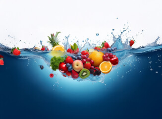 Aufkleber - A vibrant mix of fresh fruits and berries splashes into clear blue water, creating a dynamic, healthy image.  The scene is full of juicy color and movement.