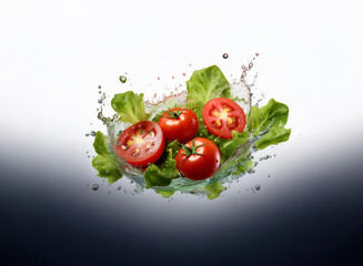 Poster - Fresh red tomatoes and green lettuce leaves suspended in a water splash against a white and dark gradient background.  A vibrant, healthy image suggesting freshness and vitality.