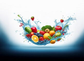 Poster - Vibrant fruits and berries burst from a splashing wave of water, creating a refreshing and healthy image.
