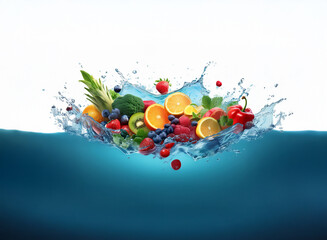 Poster - Vibrant fruits and vegetables splash into clear blue water, creating a refreshing, healthy scene.  A burst of color and vitality.