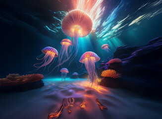 Aufkleber - A breathtaking underwater scene showcases bioluminescent jellyfish illuminating a vibrant seabed.  Sunbeams pierce the water, creating a magical, ethereal ambiance.  Coral and sandy bottom complete th