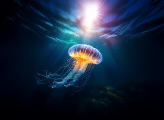 Aufkleber - A luminous jellyfish floats in a deep ocean, sunlight filtering from above.  Its bell glows orange and its tentacles trail below.