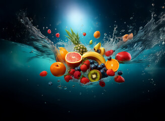 Poster - Vibrant fruits, including pineapple, berries, and citrus, splash into clear water, creating a dynamic, refreshing scene.  The colors are rich and juicy.