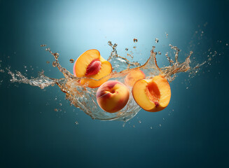 Aufkleber - Juicy peach halves suspended in a vibrant water splash against a teal backdrop.  The scene is dynamic and refreshing, showcasing the fruit's natural beauty.