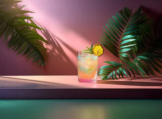 Poster - A refreshing summer cocktail in a textured glass, garnished with citrus.  Pink background, tropical leaves cast shadows in warm sunlight.  A cool, vibrant scene.